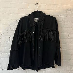 Zara black denim jean jacket with fringe!